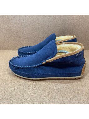 L.L.Bean Mens Wicked Good Boot Moc Slippers Blue Suede Shearling-Lined Size 10